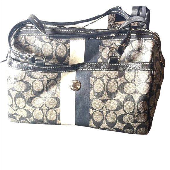 F14478 Large Heritage Stripe Signature Black Pvc & Leather Purse shoulder bag - Picture 1 of 10